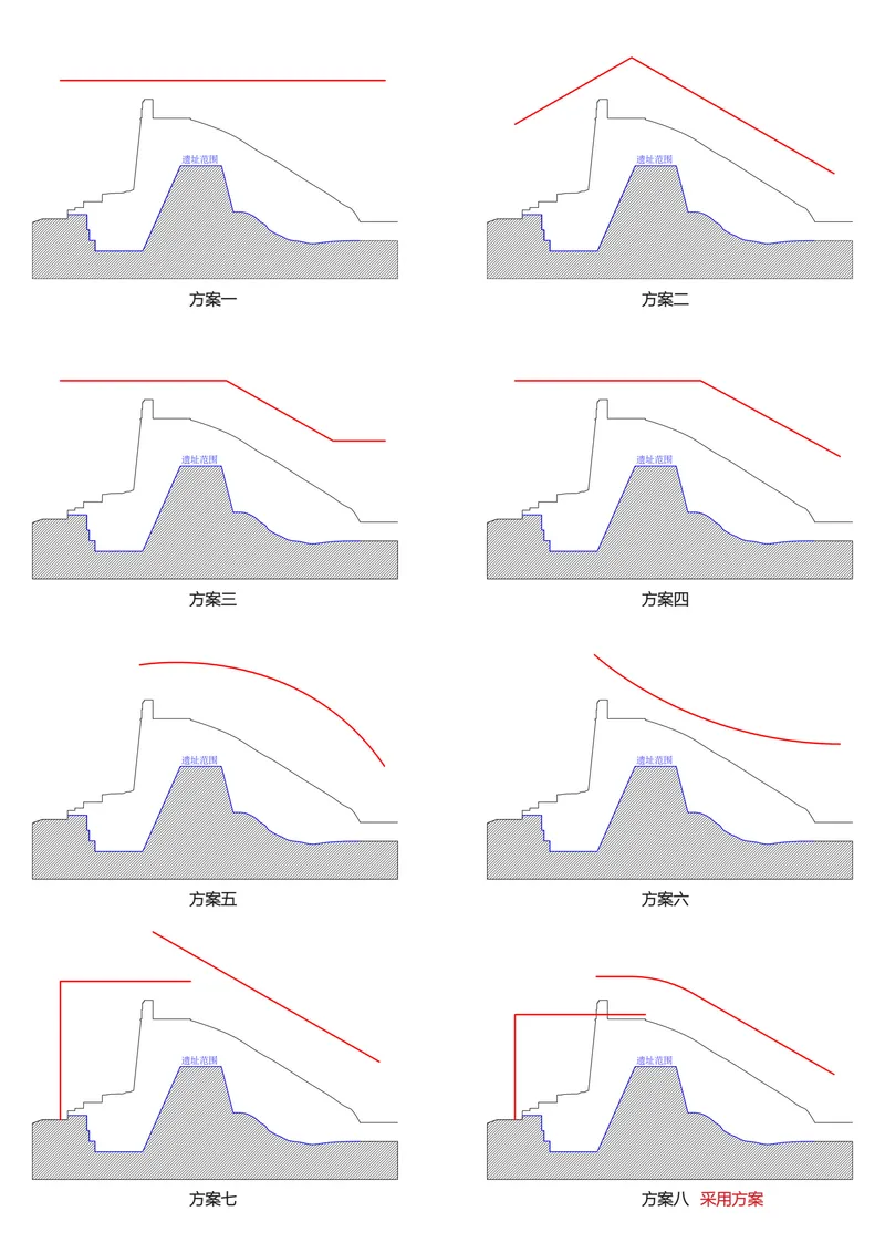 Diagram showing eight alternative roof form options with varying curved and angled profiles