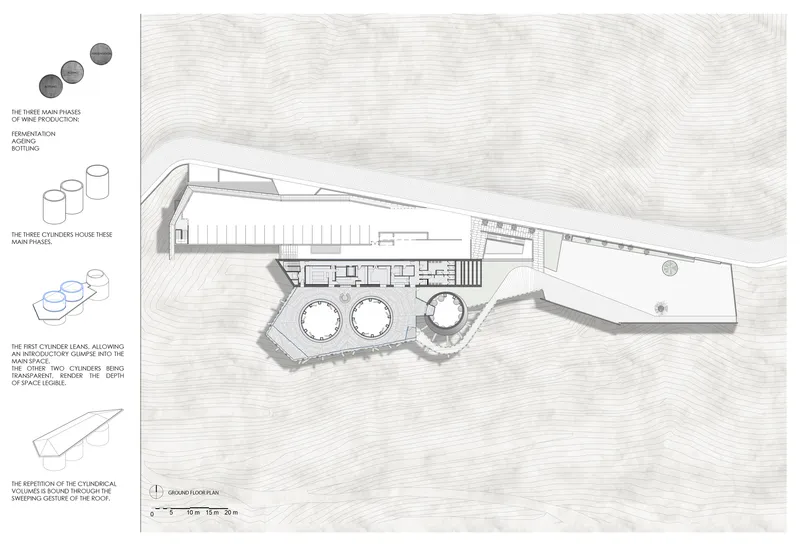 Ground floor plan drawing showing three circular production tanks and triangular wing extending across contoured terrain