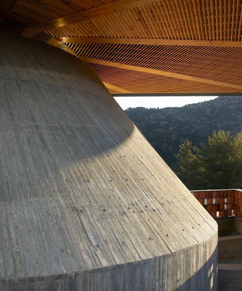 Curved concrete wall meeting the cantilevered timber slat roof overhang above hillside vegetation