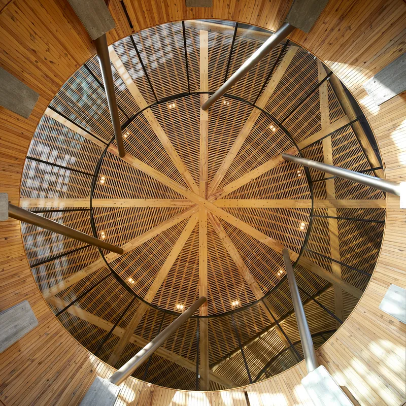 Upward view into radial timber roof structure with slatted wood panels arranged like spokes around central oculus