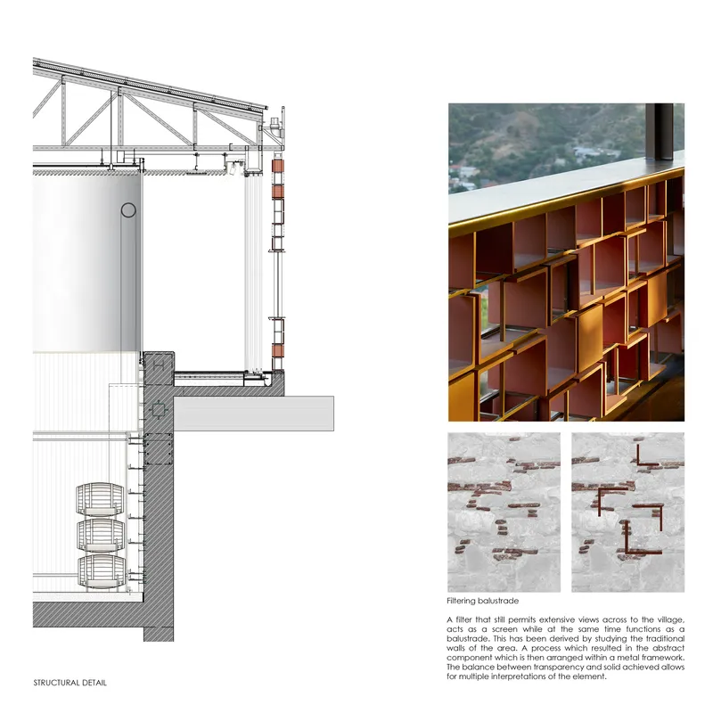 Structural detail drawing of the wall assembly with fermentation vessels below grade and filtering balustrade examples
