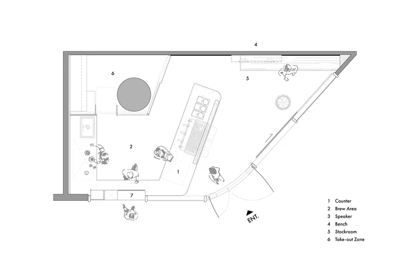 Floor plan drawing showing angled perimeter walls with counter, brew area, and seating zones