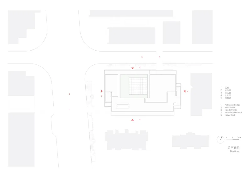 Site plan drawing showing the central building footprint with surrounding streets and adjacent structures