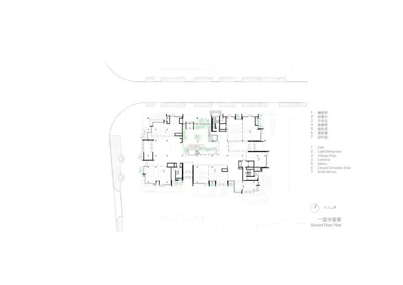 Ground floor plan drawing showing central courtyards surrounded by interconnected rooms and an adjacent curved driveway