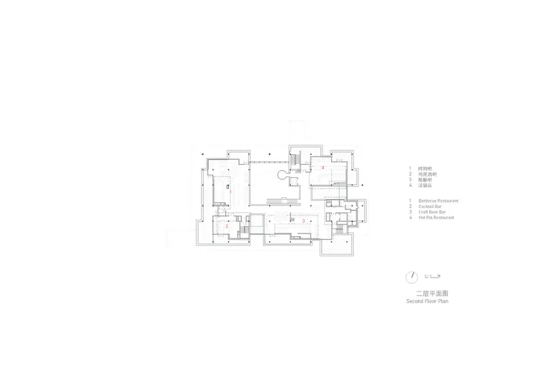 Second floor plan drawing depicting multiple bars and entertainment spaces arranged around interior voids