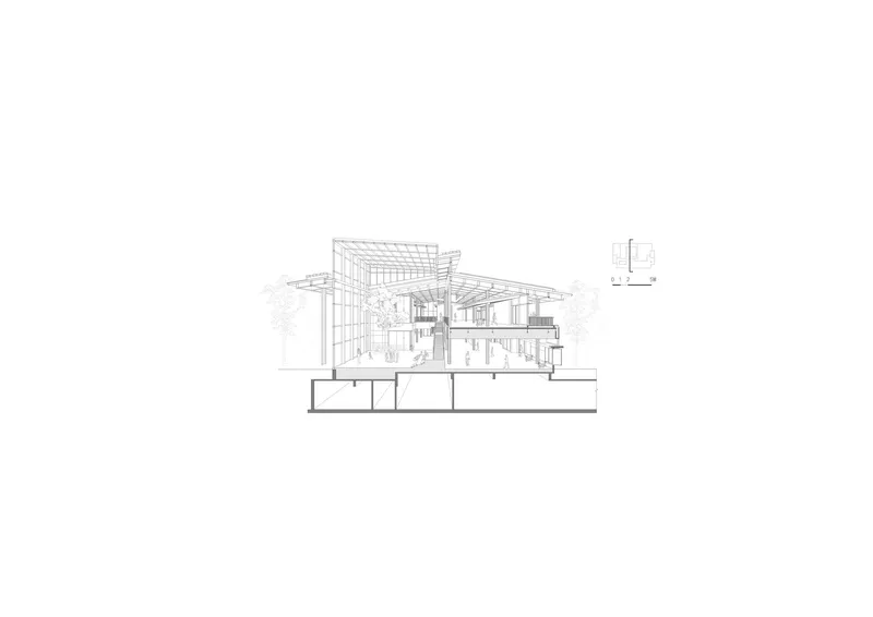 Section drawing with sketched trees illustrating the relationship between exposed timber structure and landscaped surroundings