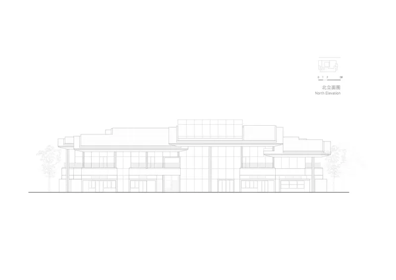 North elevation drawing showing a multi-level structure with horizontal planes and flanking trees