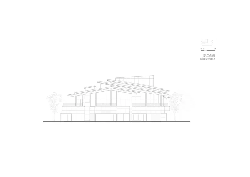 East elevation drawing displaying angled roof planes and a two-story glazed facade with vegetation