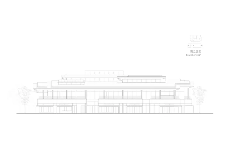 South elevation drawing of the layered horizontal volumes with terraces and surrounding trees