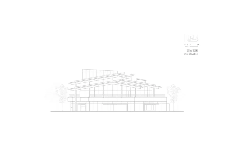 West elevation drawing showing the angled roof forms and glazed openings with adjacent trees