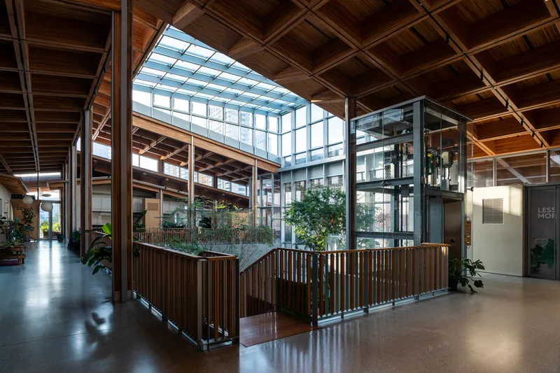 Central atrium with glass roof and planted courtyard enclosed by timber railing under exposed structure