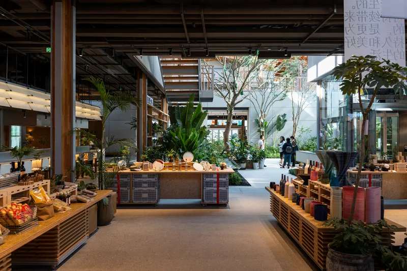 Retail interior space with central display counter, indoor trees, potted plants and exposed timber ceiling