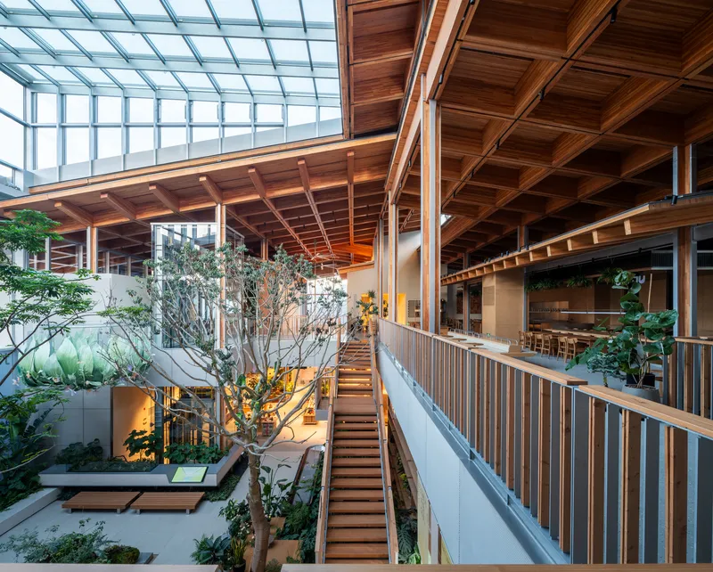 Interior courtyard with timber staircase, planted ground floor, coffered wood ceiling and curved glazed skylight