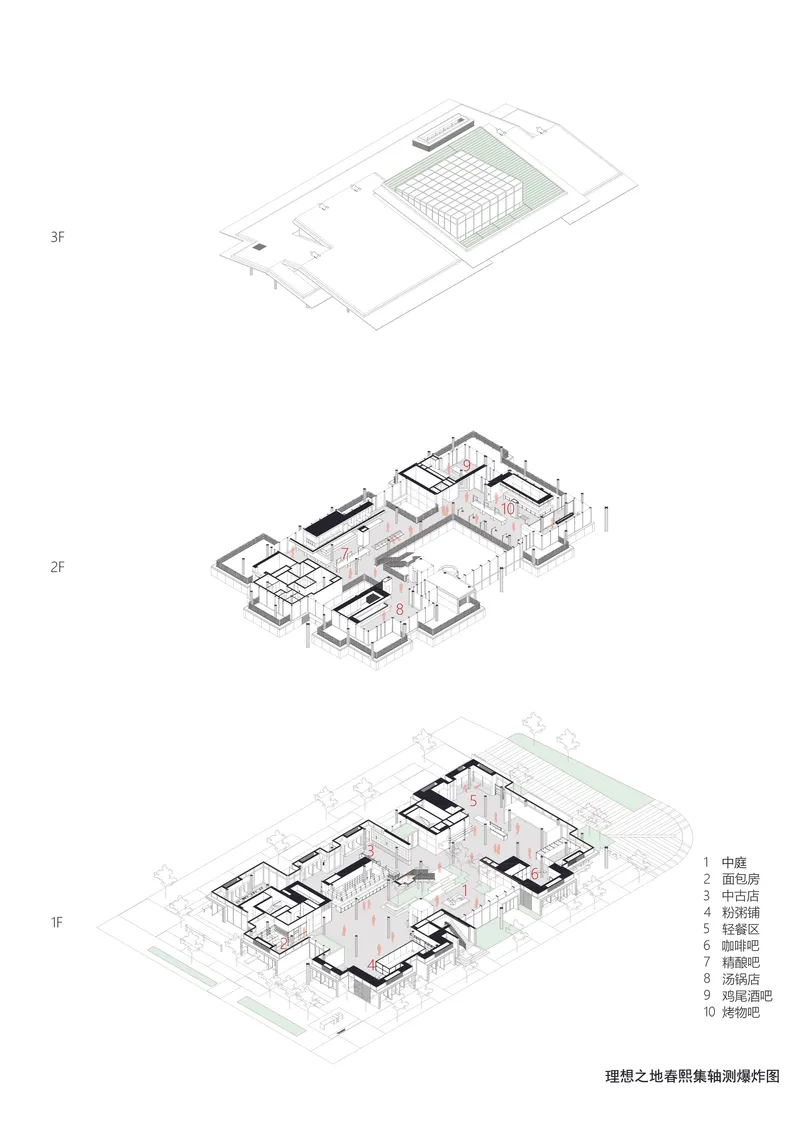 Axonometric drawing showing three floor levels with interior layouts and green courtyard spaces