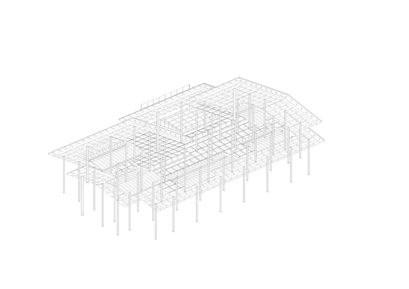 Isometric wireframe drawing revealing the structural grid and column layout supporting the roof