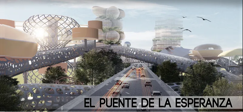 Futuristic bridge transforming a border into a multi-layered humanitarian habitat