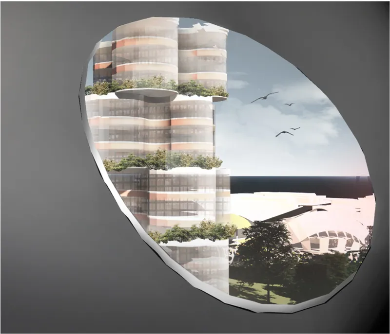 Framed view highlighting vertical mixed-use towers within the adaptive border landscape