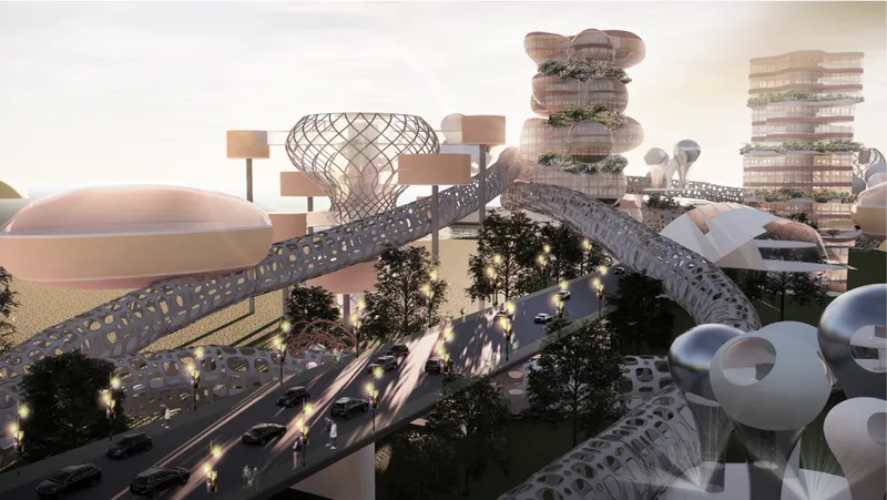 Elevated bridge network integrating mobility with inhabitable architectural forms