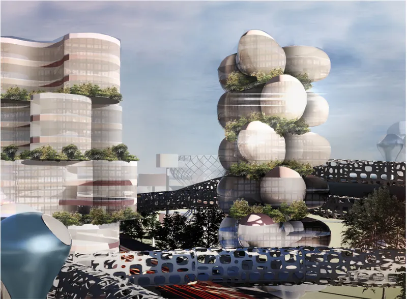 Modular vertical housing clusters with integrated greenery and community spaces