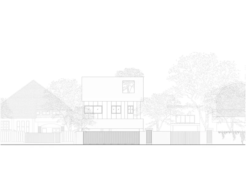 Street elevation drawing showing a three-storey volume between adjacent residential buildings and trees