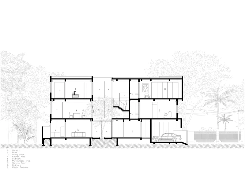 Section drawing revealing interior spaces organized around a central courtyard and stairwell