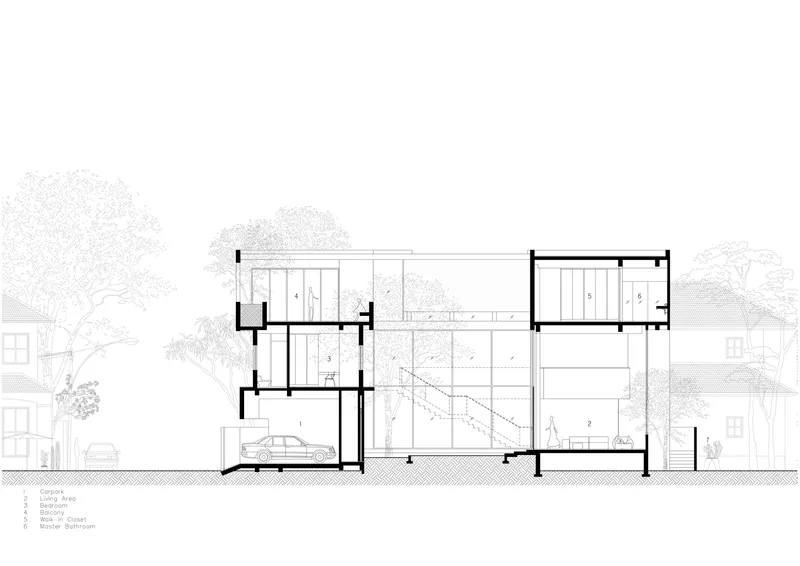Section drawing showing a three-storey residence with central courtyard and adjacent neighbouring houses
