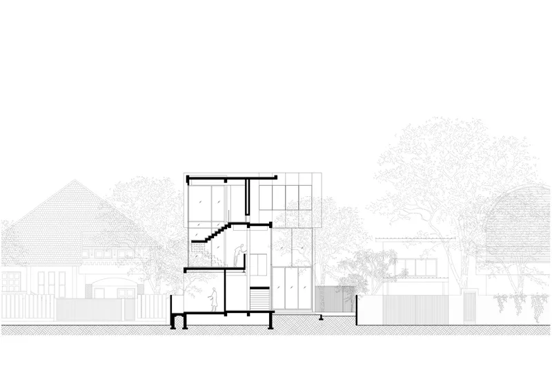 Section drawing revealing split-level interior spaces with staircase connecting floors between neighbouring structures