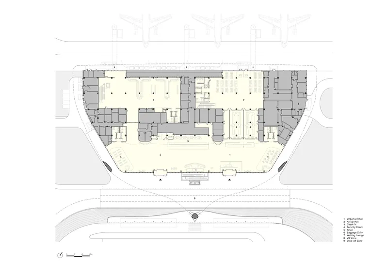 Floor plan drawing showing an arched plaza below and gridded interior spaces above with street context