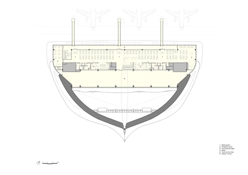 Upper level floor plan drawing with a curved southern edge and three vertical circulation towers