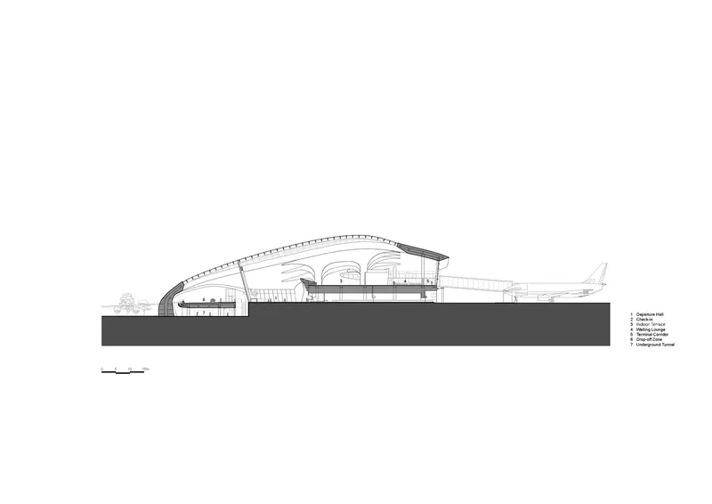Section drawing showing the arched roof structure, interior galleries, and an aircraft on the apron