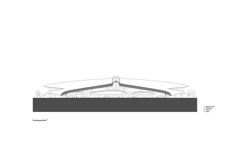 Longitudinal section drawing revealing the symmetrical gabled roof and terminal hall beneath