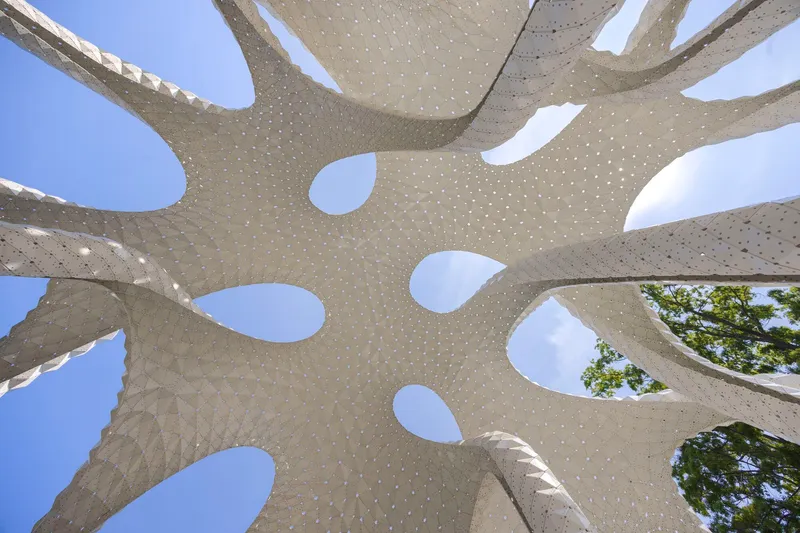 Upward view of the perforated roof canopy with lobed openings framing blue sky and treetops