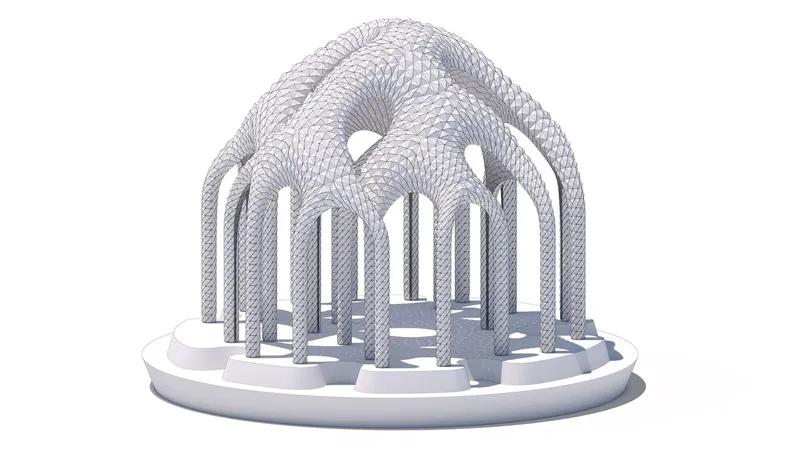 Three-dimensional rendering showing the interwoven lattice structure forming arched openings on a circular base