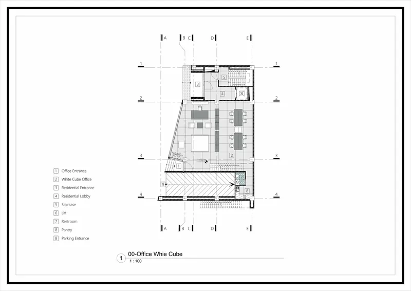 Ground floor plan drawing showing office entrance, lobby, staircase, and terrace with diagonal hatching