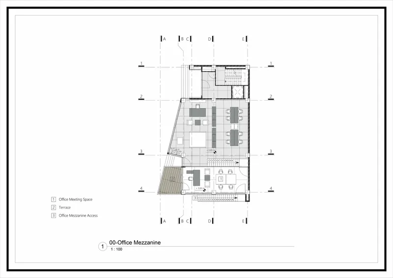 Mezzanine level floor plan drawing showing meeting space, terrace, and office access with annotated key