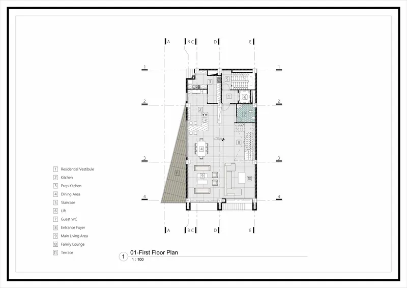 First floor plan drawing showing residential layout with kitchen, dining area, and triangular terrace projection