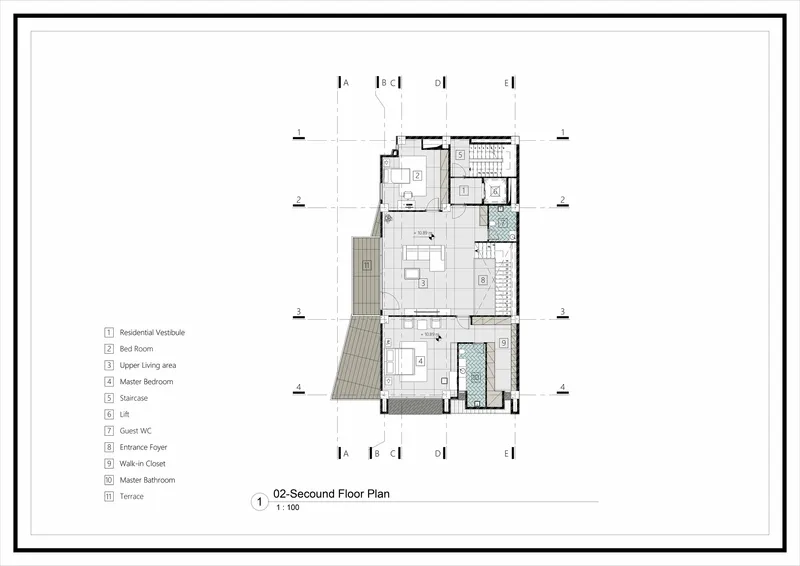 Second floor plan drawing showing residential vestibule, bedrooms, and angled terrace with hatched indication