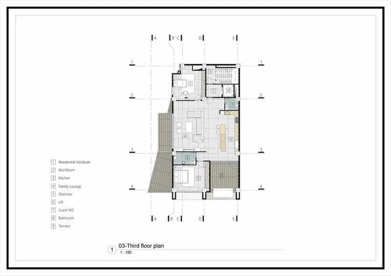Third floor plan drawing showing roof terrace, family lounge, and bedroom spaces with diagonal shading