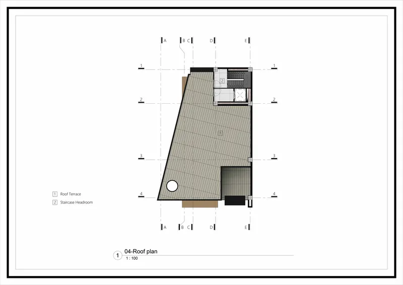 Roof plan drawing showing an angled terrace surface with a staircase headroom and circular element