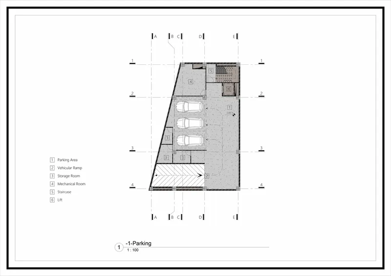 Parking level floor plan drawing showing vehicle ramp, three parking bays, and mechanical rooms