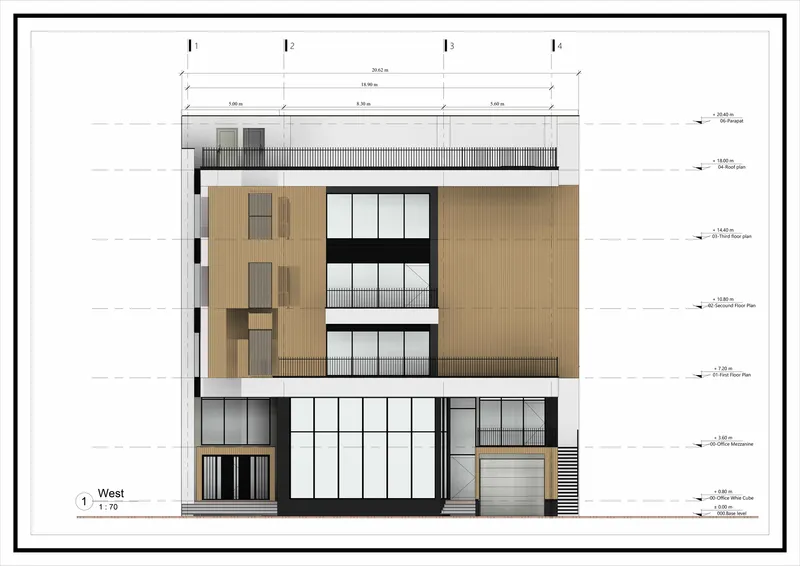 West elevation drawing showing wood paneling, stacked window openings, balconies, and a ground-level garage door