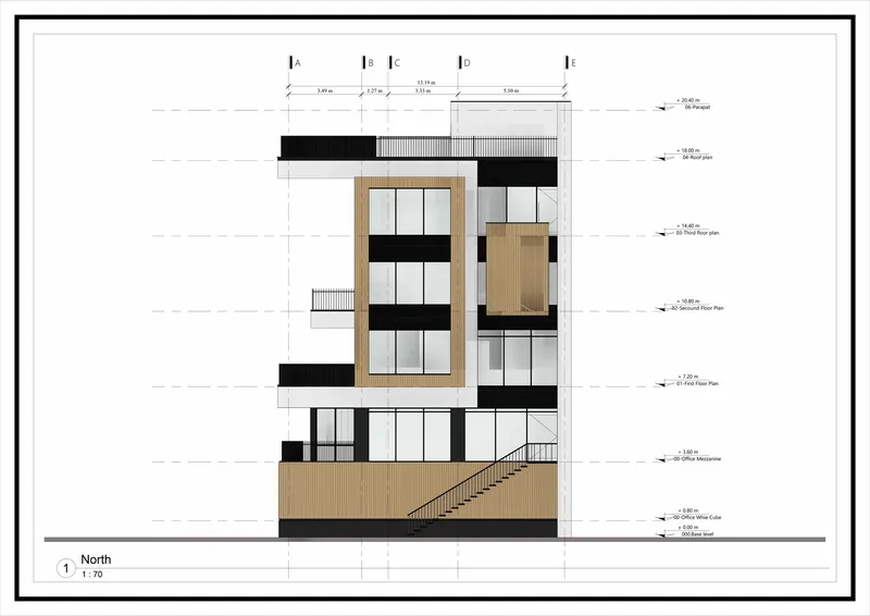 North elevation drawing showing staggered volumes with wood cladding, glazing, and an exterior staircase