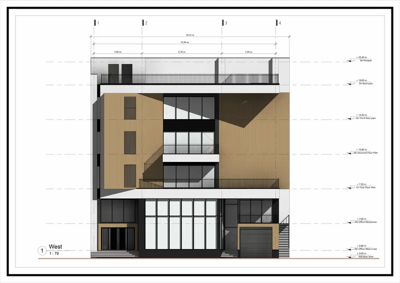 West elevation drawing showing angled shadow plane across the wood-clad facade with recessed balconies