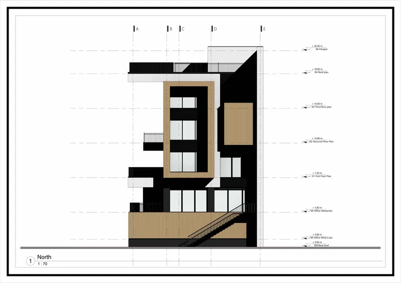 North elevation drawing showing massing in shadow with recessed window openings and exterior stair detail