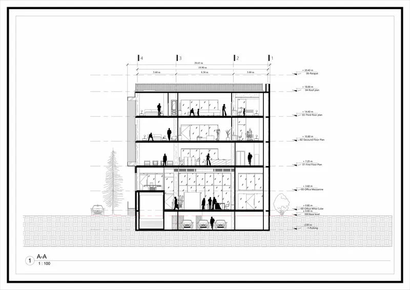 Section drawing showing multi-story interior spaces with diagonal staircase and figures on each level
