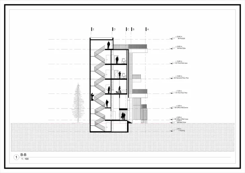 Section drawing depicting continuous staircase connecting five floors with human silhouettes throughout