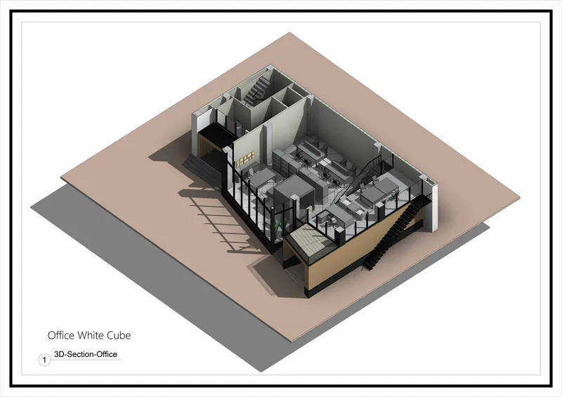 Axonometric cutaway drawing showing office interior layout with workstations and stairwell