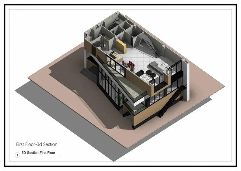 Axonometric section revealing first floor workspace with glazed facade and terrace balcony