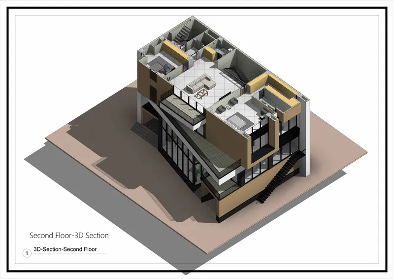 Axonometric section showing second floor office layout with desks and yellow accent walls