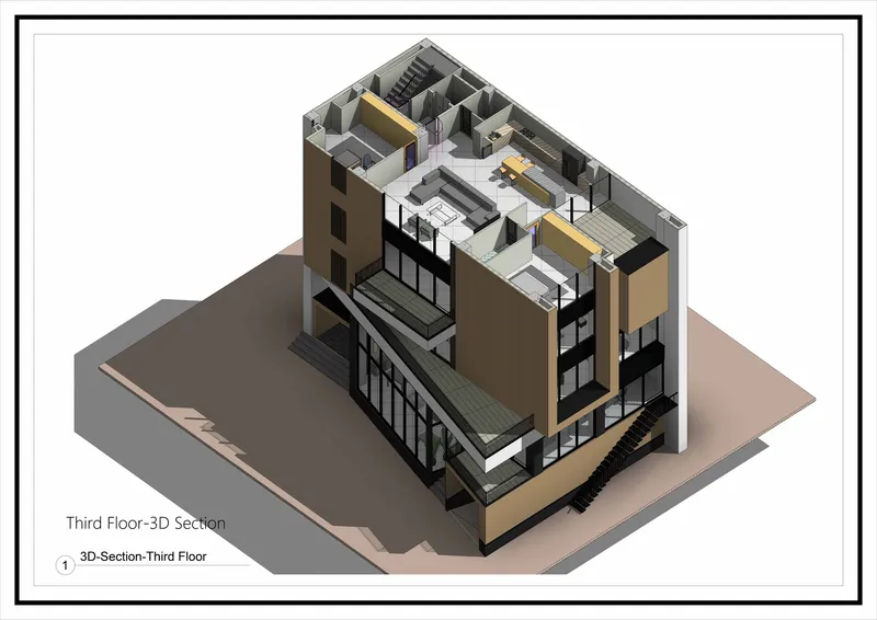Axonometric section displaying third floor interior with open workspace and yellow partition walls